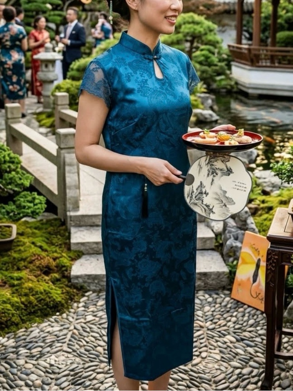 Teal Satin Mandarin Dress with Lace Sleeves (Qipoa)